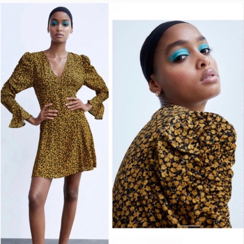 Zara yellow floral printed mini dress